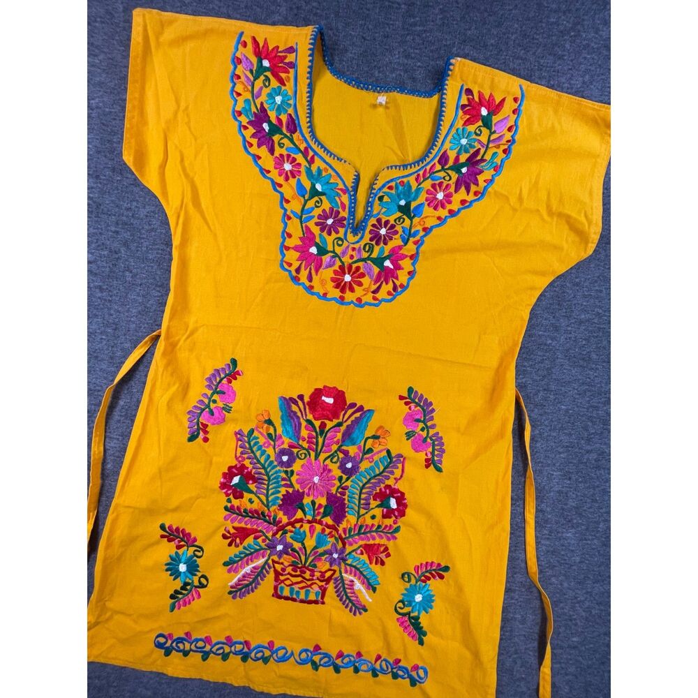 Mexican Embroidered Dress Medium Yellow Floral Cotton Tunic Boho Artisan Shirt